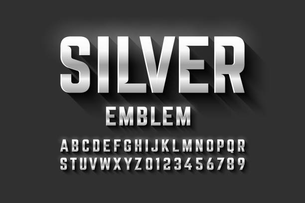 Silver emblem style font Silver emblem style font, metallic alphabet letters and numbers vector illustration iron metal stock illustrations