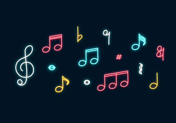 Music notes neon sign. Led Concept for music store with clef. Vector isolated illustration. Music notes neon sign. Led Concept for music store with clef. Vector isolated illustration. guitar borders stock illustrations