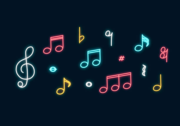 Music notes neon sign. Led Concept for music store with clef. Vector isolated illustration. Music notes neon sign. Led Concept for music store with clef. Vector isolated illustration. neon music notes stock illustrations