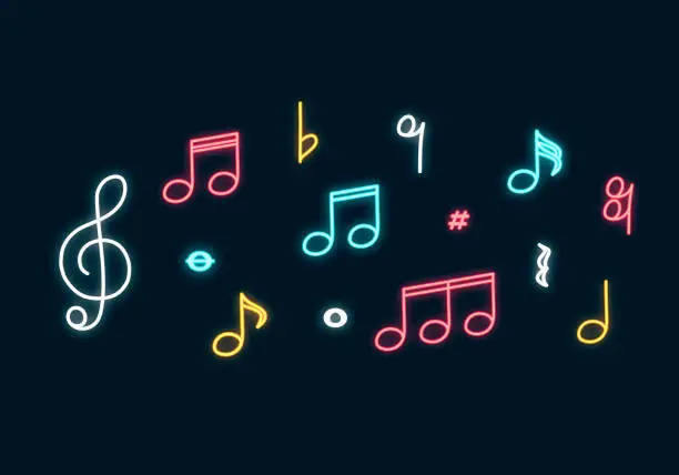 Vector illustration of Music notes neon sign. Led Concept for music store with clef. Vector isolated illustration.