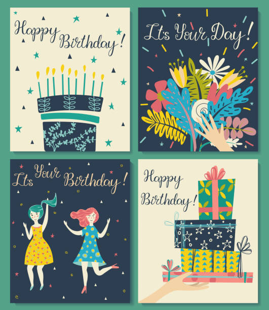 набор открыток на день рождения. - cupcake set food and drink metal stock illustrations