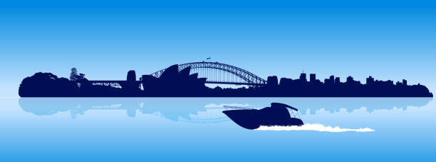sydney miasto szczegółowe panoramę z poruszającą się łodzią motorową - sydney australia skyline city australia stock illustrations