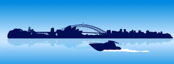 Vector illustration of Sydney city detailed skyline with moving speedboat