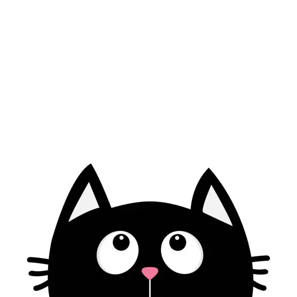 Vector illustration of Black cat face head silhouette looking up. Cute cartoon character. Kawaii animal. Baby card. Pet collection. Flat design style. White background. Isolated.