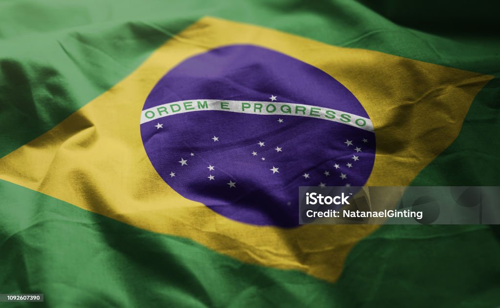 Brasilien flagga skrynklig närbild - Royaltyfri Brasilien Bildbanksbilder
