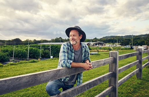 Shot of a mature man standing at a fence on a farm
