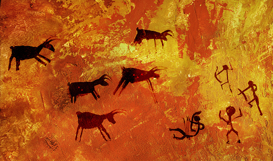 A group of primitive people hunts a herd of hoofed animals of deer and moose. Stylization of cave rock art. Imitation of the plastered wall. Aged cement wall texture. Red plaster wall with dirty background.  Old brickwall with peel grey stucco texture. Decayed cracked rough abstract surface. Retro vintage.