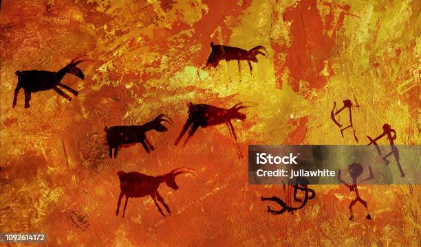 A Group Of Primitive People Hunts A Herd Of Hoofed Animals Of Deer And Moose Stock Illustration - Download Image Now