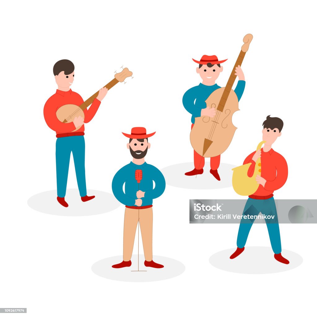 Jazz country music band. Blues, live musical festival group. Musicians with banjo, cello and saxophone. Vector isolated illustration. Solo singer. Adult stock vector