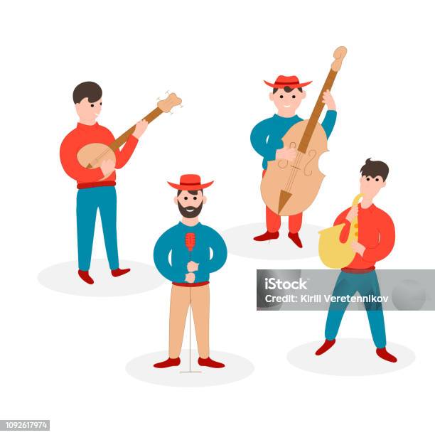 Jazz Country Music Band Blues Live Musical Festival Group Musicians With Banjo Cello And Saxophone Vector Isolated Illustration Solo Singer Stock Illustration - Download Image Now