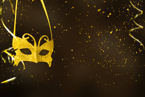 golden carnival mask at night in confetti rain