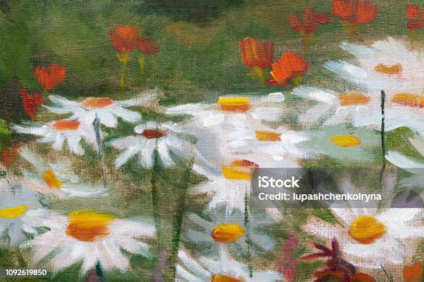 Fashionable Illustration Modern Art Work My Original Oil Painting On Canvas Horizontal Summer Landscape Blooming White Field Daisies Stock Illustration - Download Image Now