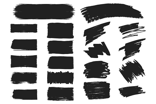 Collection of hand drawn grunge torn box shapes. Vector isolated background. Edge frames. Distressed brush strokes, rough borders.