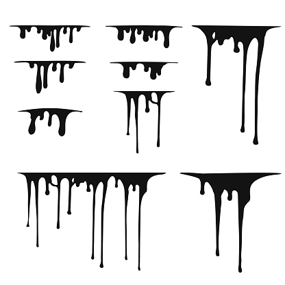 Hand drawn paint splatter, melt. Liquid leak. Ink drops. Vector isolated illustration.