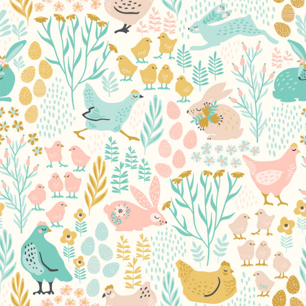 Vector seamless pattern with bunnies and chicken for Easter and other users. Vector seamless pattern with bunnies and chicken for Easter and other users. Design element. easter patterns stock illustrations