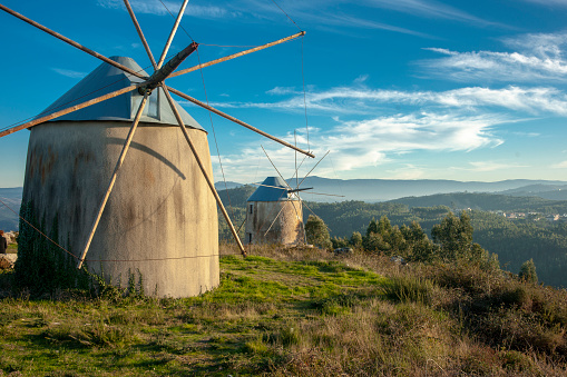 High resolution, digital capture of the abandoned windmills of Gavinhos, overlooking the city of Penacova, Portugal.