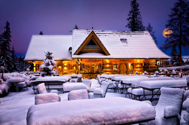 regionale stijl pub in de winter in zakopane, polen - cafe snow stockfoto's en -beelden