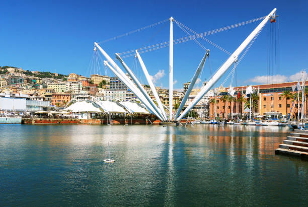 The quays of the port of Genoa in Liguria. Italy In the old port, infrastructure such as the elevator imitating the rigging of old ships welcome tourists. old port photos stock pictures, royalty-free photos & images