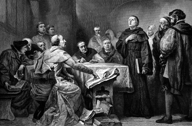 Martin Luther defends himself against cardinal Cajetan in Augsburg Illustration from 19th century cardinal clergy stock illustrations