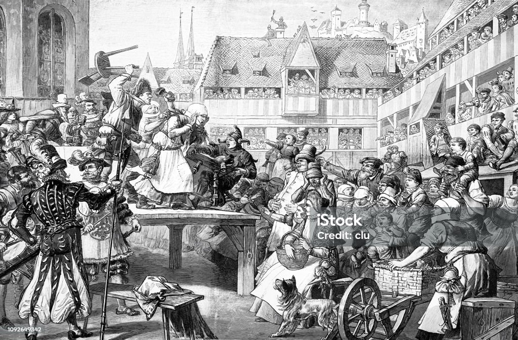 Performance of a carnival story by Hans Sachs in Nuremberg, Heilsbrunner Hof Illustration from 19th century Archival stock illustration