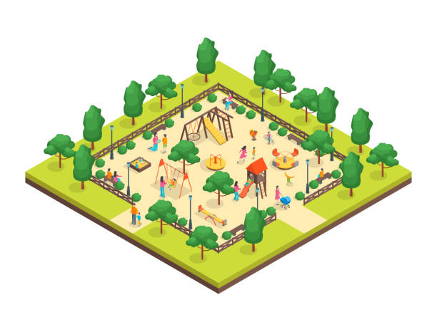 Children Park Concept 3d Isometric View. Vector Children Park Concept 3d Isometric View for Web and App Design. Vector illustration of Outdoor Kid Playground science and technology park stock illustrations