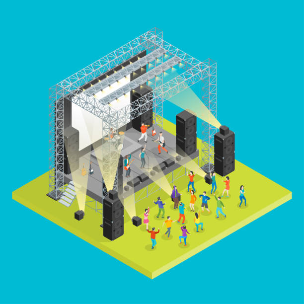 Music Festival Concept 3d Isometric View. Vector Music Festival Concept 3d Isometric View Concert Party Elements Landscape Background and Stage. Vector illustration of Musical Event entertainment event stock illustrations