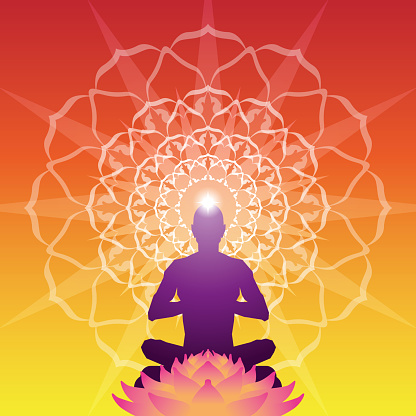 Vector Illustration of a beautiful, colourful and inspiring silhouette of a men Meditating with a Mandala Aura Background
