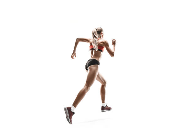 istock one caucasian woman running on white background 1092656274