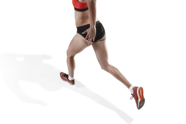 istock one caucasian woman running on white background 1092656302