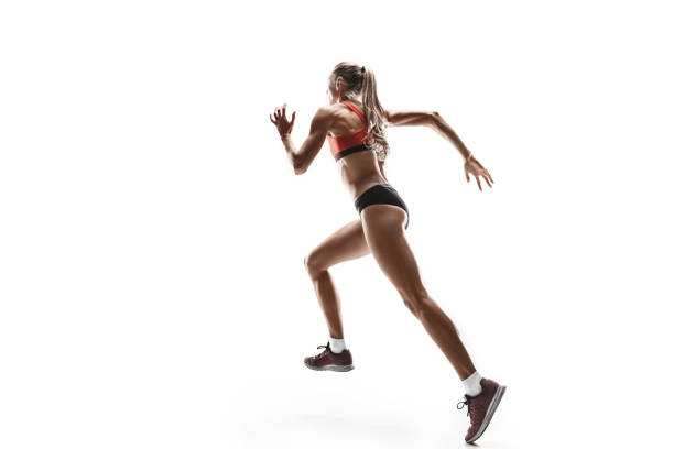 istock one caucasian woman running on white background 1092656310