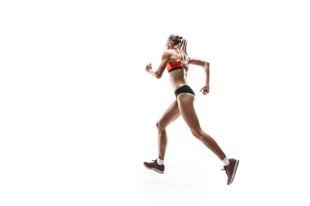 istock one caucasian woman running on white background 1092656314