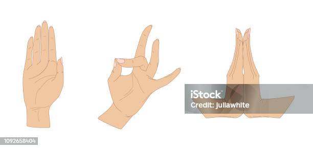 Three Female Hands In Characteristic Gestures Of Indian Dance Stock Illustration - Download Image Now