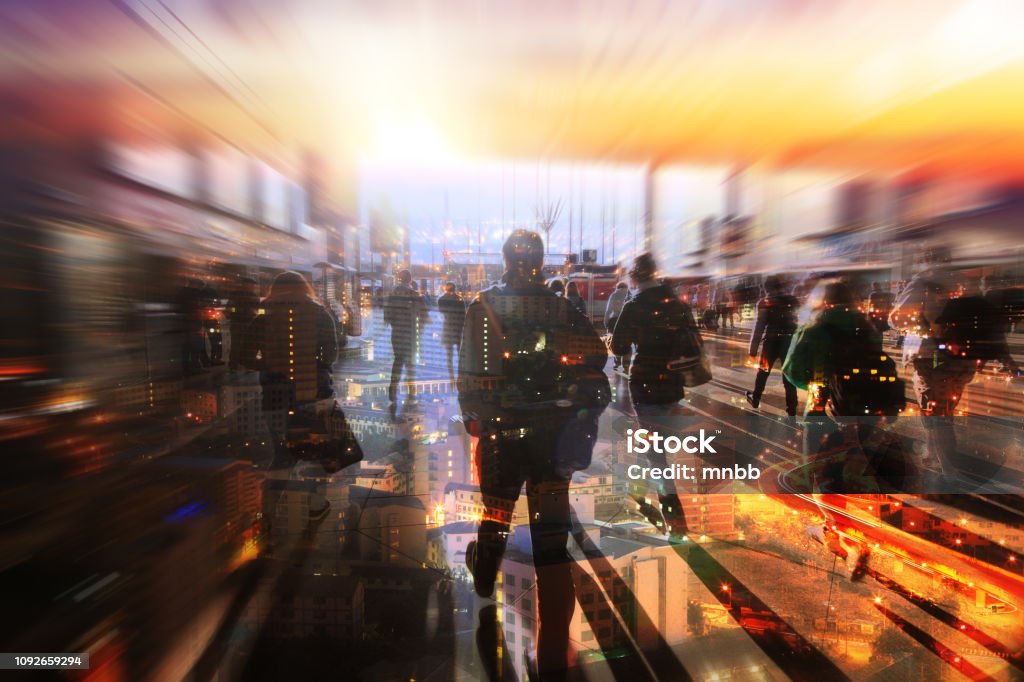 Artificial intelligence concept. technology of machine or robot  Learning analytics identify human technology , Software  analytics and recognition people in city with flare light effect ,Artificial intelligence concept. Analyzing Stock Photo