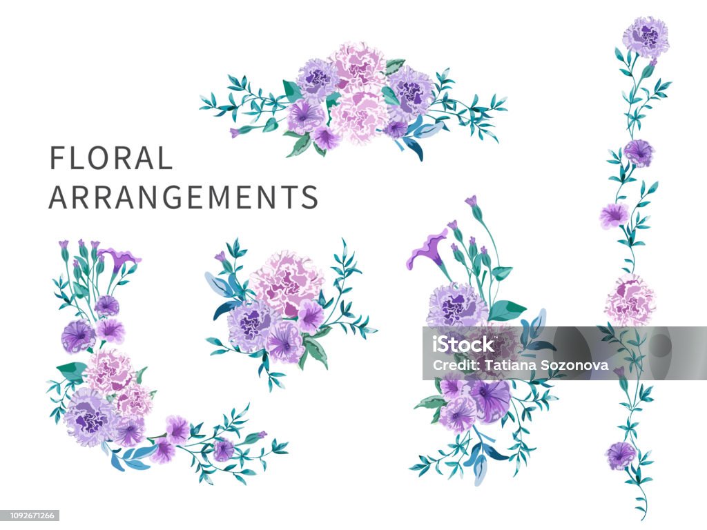 Set di composizioni floreali con rose rosa e peonie viola con foglie verdi. - arte vettoriale royalty-free di Viola - Colore
