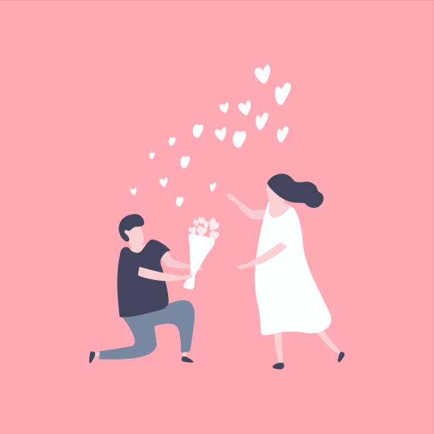 Man kneeling down and give flower to pretty woman. Couple in love concept. Man kneeling down and give flower to pretty woman. Couple in love concept. wedding illustrations stock illustrations
