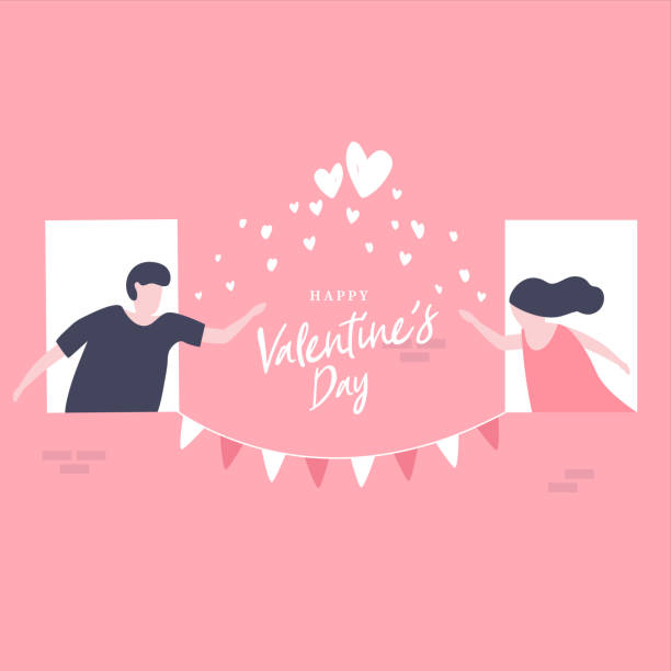 illustrations, cliparts, dessins animés et icônes de les couples envoient amour dans la fenêtre pour le festival de la saint-valentin sur fond rose. - i love you petite phrase