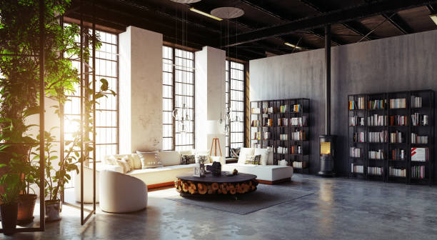 モダンなロフト リビング ルームのインテリア。 - loft apartment living room contemporary house ストックフォトと画像