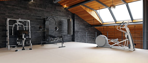 salle de gymnastique à la maison dans le grenier - house attic desing residential structure photos et images de collection