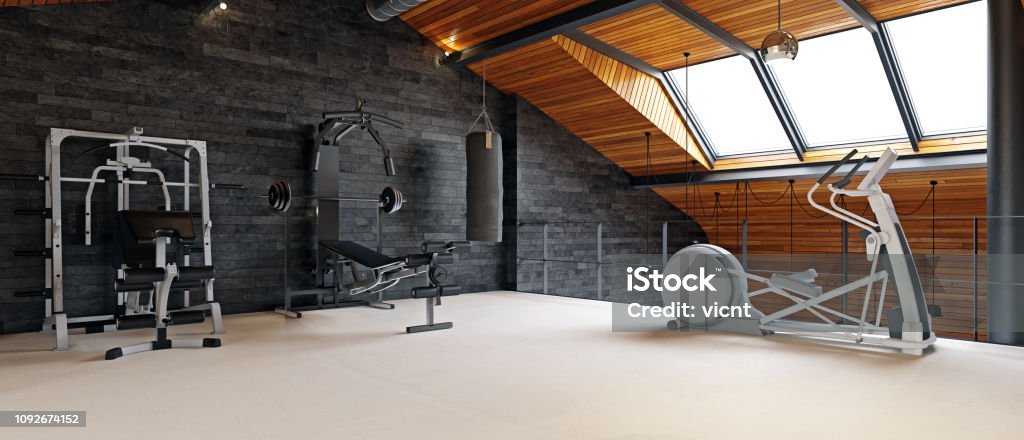 home gym room in the attic home gym room in the attic. 3d rendering design concept Gym Stock Photo