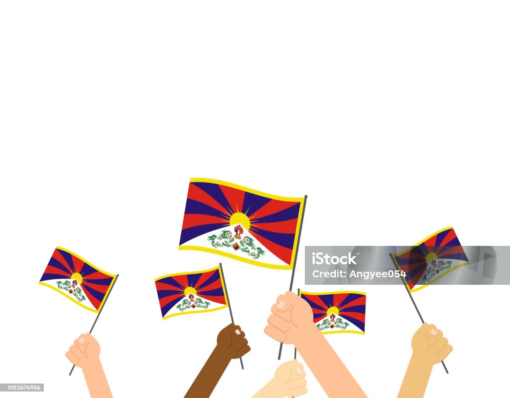 Vector illustration hands holding Tibet flags isolated on white background Ancient stock vector