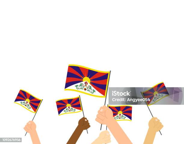 Vector Illustration Hands Holding Tibet Flags Isolated On White Background Stock Illustration - Download Image Now