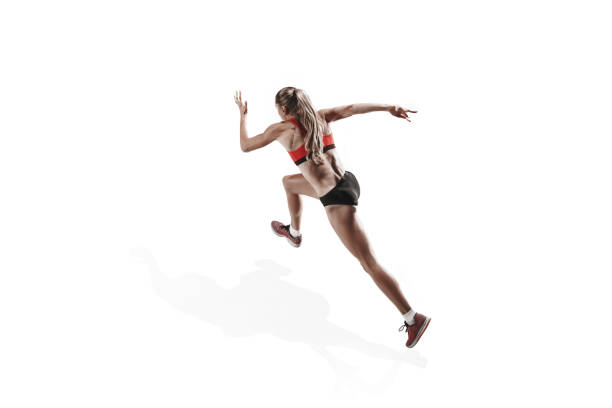 istock one caucasian woman running on white background 1092677010