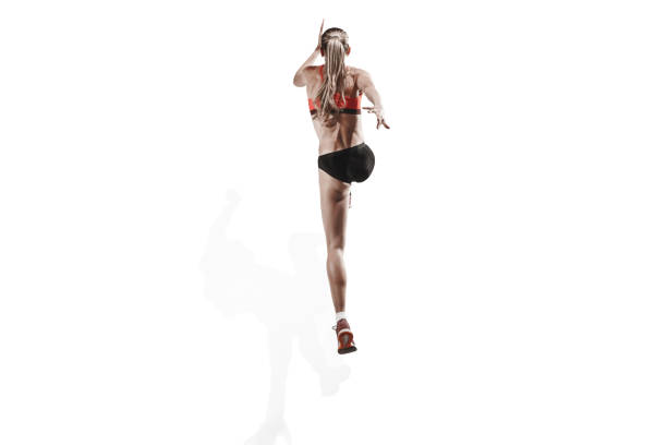 istock one caucasian woman running on white background 1092677018