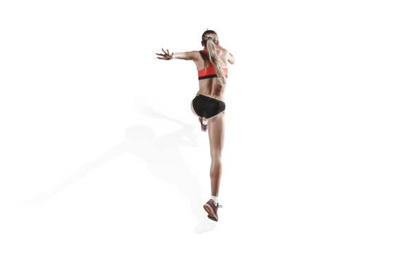 istock one caucasian woman running on white background 1092677030