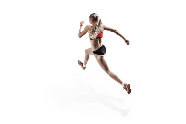 istock one caucasian woman running on white background 1092677048