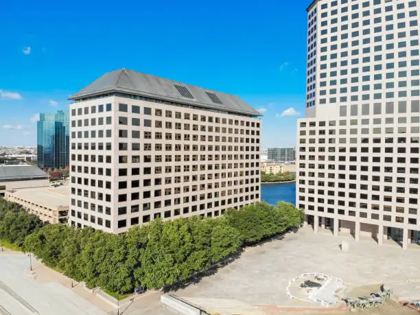 Aerial drone view downtown Las Colinas, an upscale, developed area in the Dallas suburb, Texas, USA
