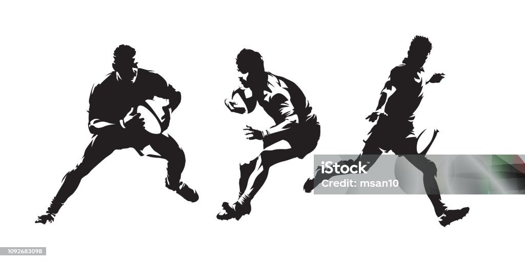 Rugby, um conjunto de silhuetas de vetor isolado jogadores de rugby. Resumo desenhos de tinta. Esporte de equipe - Vetor de Rugby - Esporte royalty-free