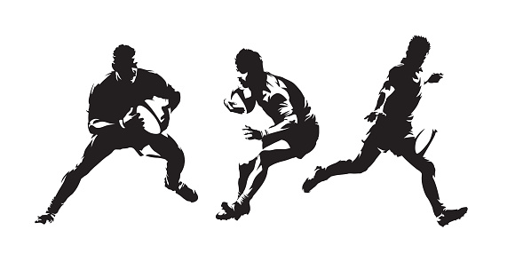Rugby, set of rugby players isolated vector silhouettes. Abstract ink drawings. Team sport