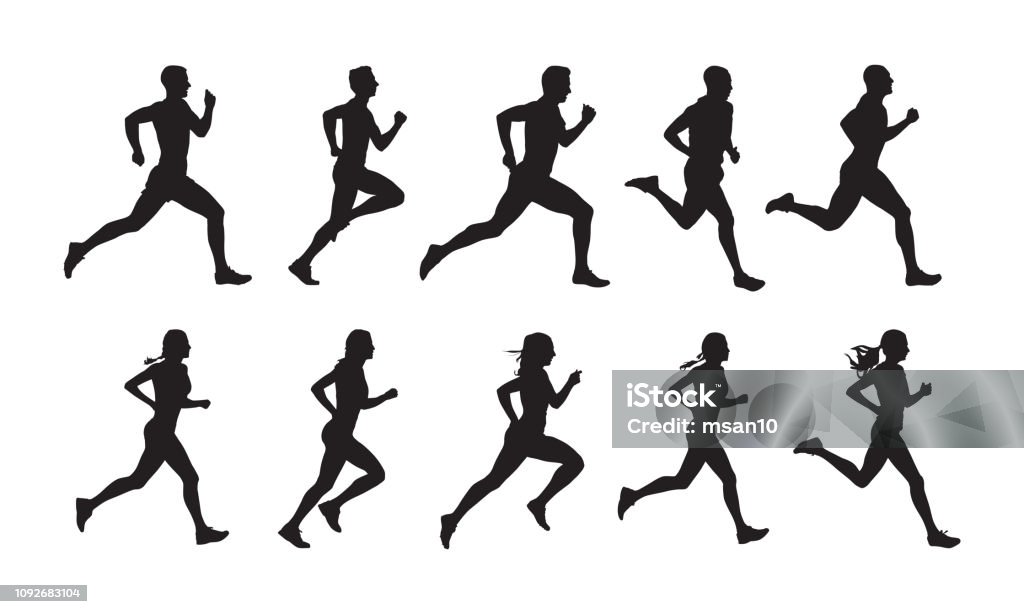 Run, set of running people, isolated vector silhouettes. Group of  men and women runners Running stock vector