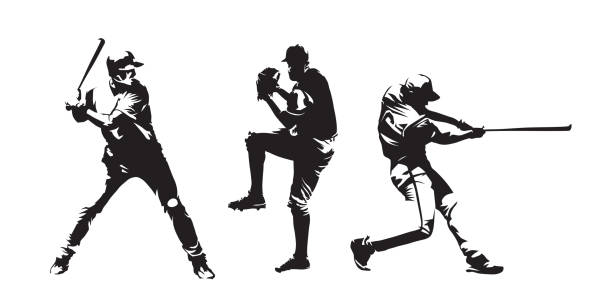 ilustraciones, imágenes clip art, dibujos animados e iconos de stock de conjunto de siluetas de vector de los jugadores de béisbol. grupo de baseballer, dibujos a tinta aislado - baseball